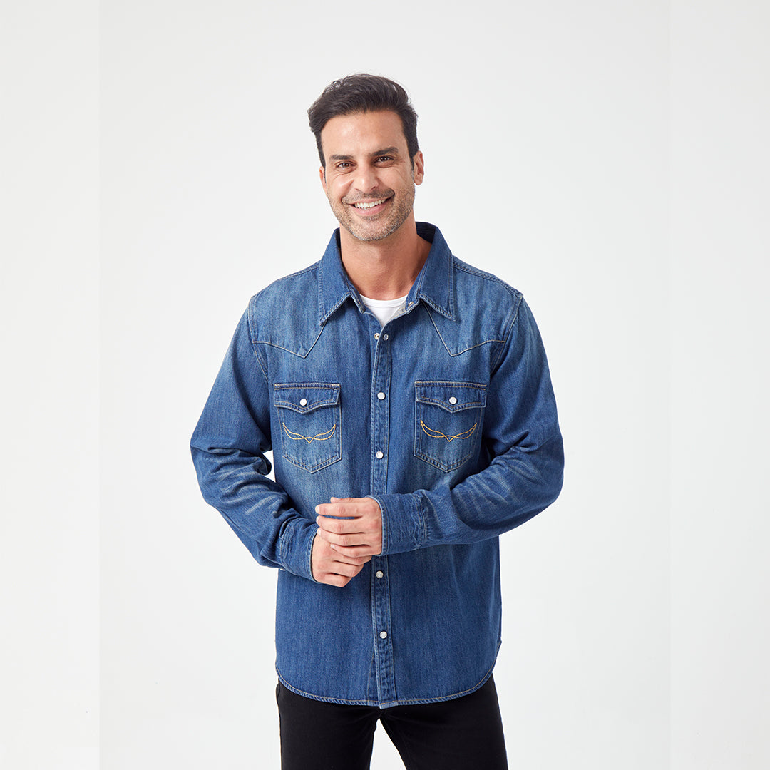 JiaQi Forever 10oz Heavy Washed Hand - Rubbed Cat's Whiskers Denim Shirt