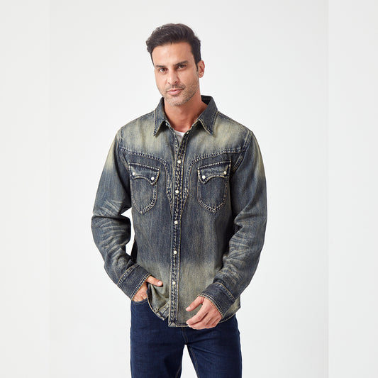 JiaQi Forever 12oz High - Density Slubbed Denim Shirt with Heavy Wash