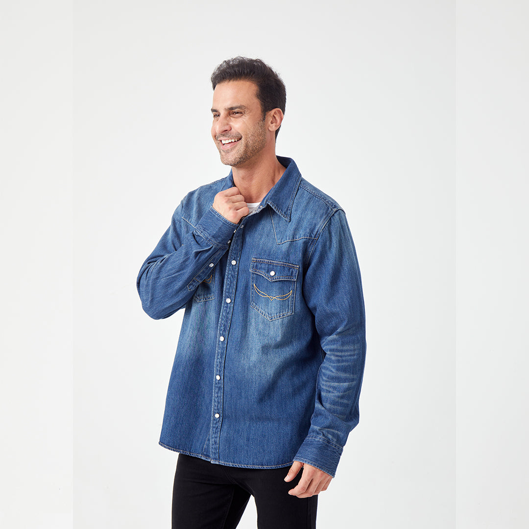 JiaQi Forever 10oz Heavy Washed Hand - Rubbed Cat's Whiskers Denim Shirt