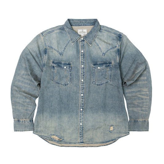 JiaQi Forever Vintage - Inspired Heavy Washed Denim Shirt with Multiple Distressed Holes