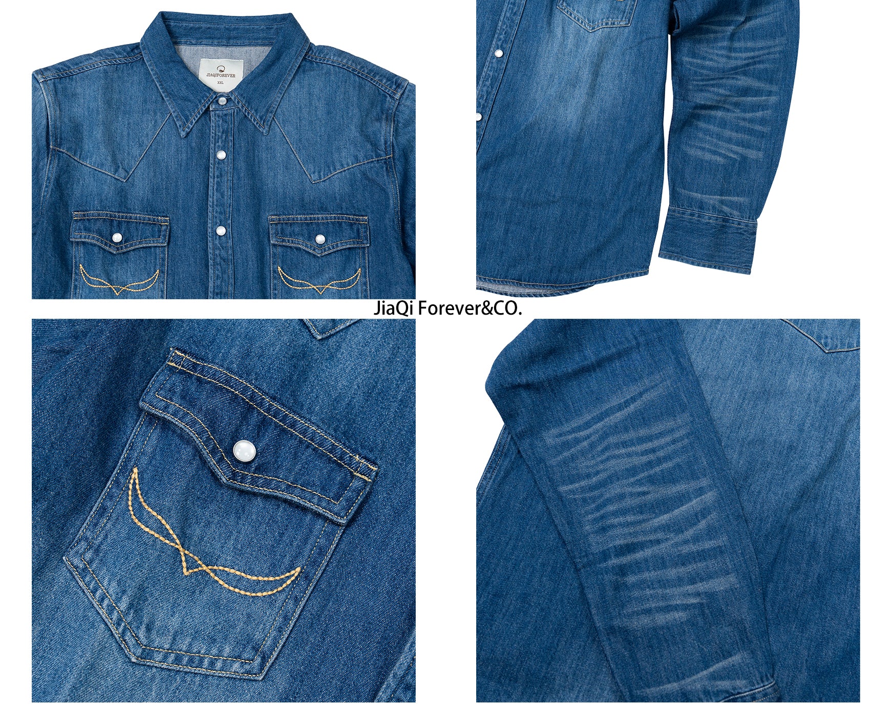 JiaQi Forever 10oz Heavy Washed Hand - Rubbed Cat's Whiskers Denim Shirt