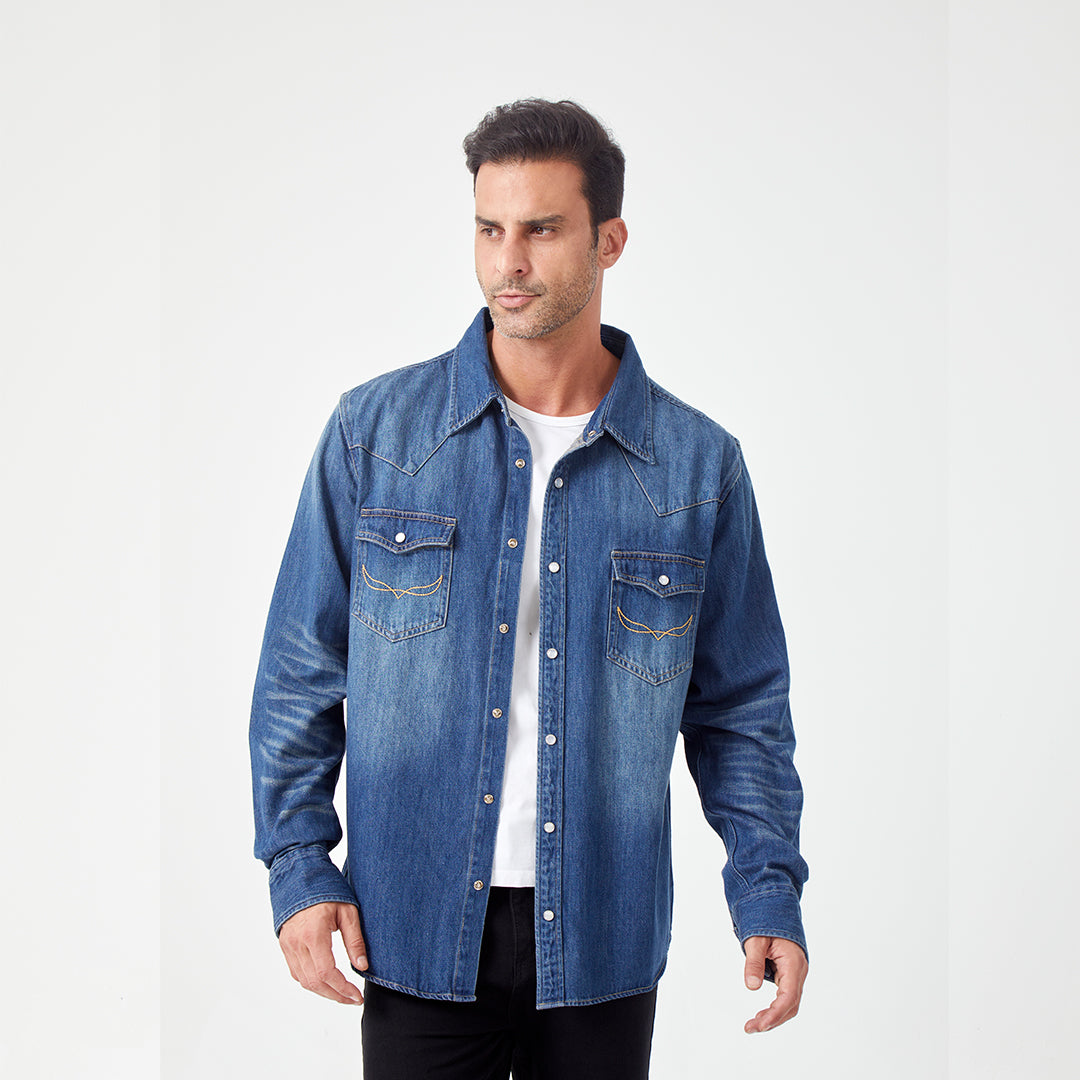 JiaQi Forever 10oz Heavy Washed Hand - Rubbed Cat's Whiskers Denim Shirt