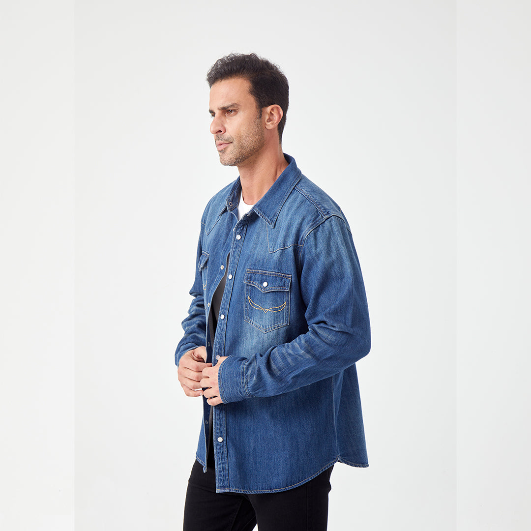 JiaQi Forever 10oz Heavy Washed Hand - Rubbed Cat's Whiskers Denim Shirt