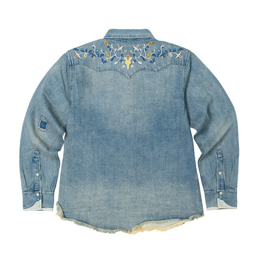 JiaQi Forever 12oz Floral Micro - Stitch Embroidery Heavy Washed Denim Shirt