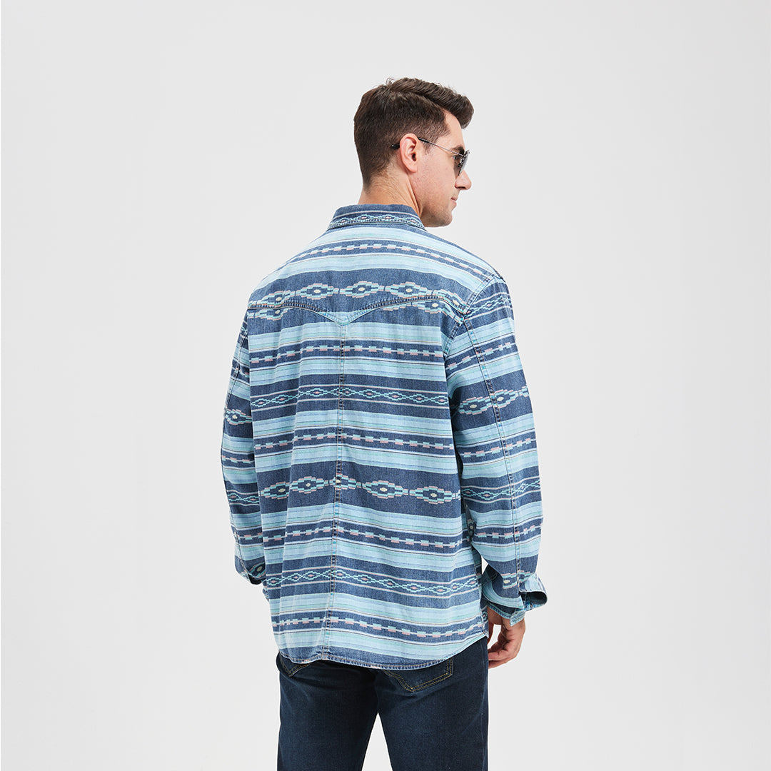 JiaQi Forever Cultural Discharge Print Denim Shirt Jacket