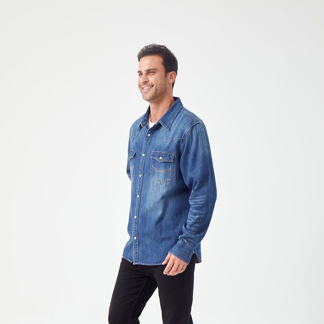 JiaQi Forever 10oz Heavy Washed Hand - Rubbed Cat's Whiskers Denim Shirt