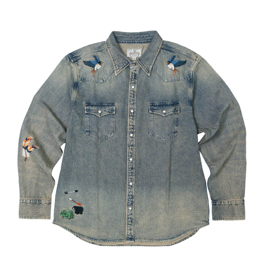 JiaQi Forever Premium Embroidery Vintage Heavy Washed Denim Shirt