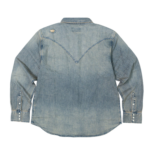 JiaQi Forever Vintage - Inspired Heavy Washed Denim Shirt with Multiple Distressed Holes