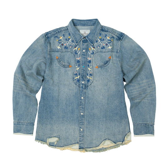 JiaQi Forever 12oz Floral Micro - Stitch Embroidery Heavy Washed Denim Shirt