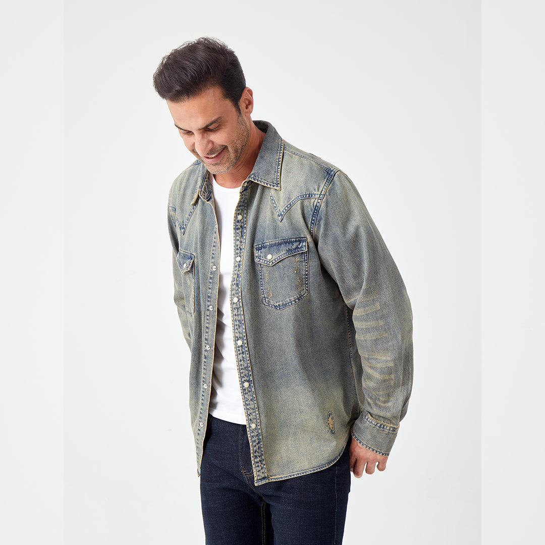 JiaQi Forever Vintage - Inspired Heavy Washed Denim Shirt with Multiple Distressed Holes
