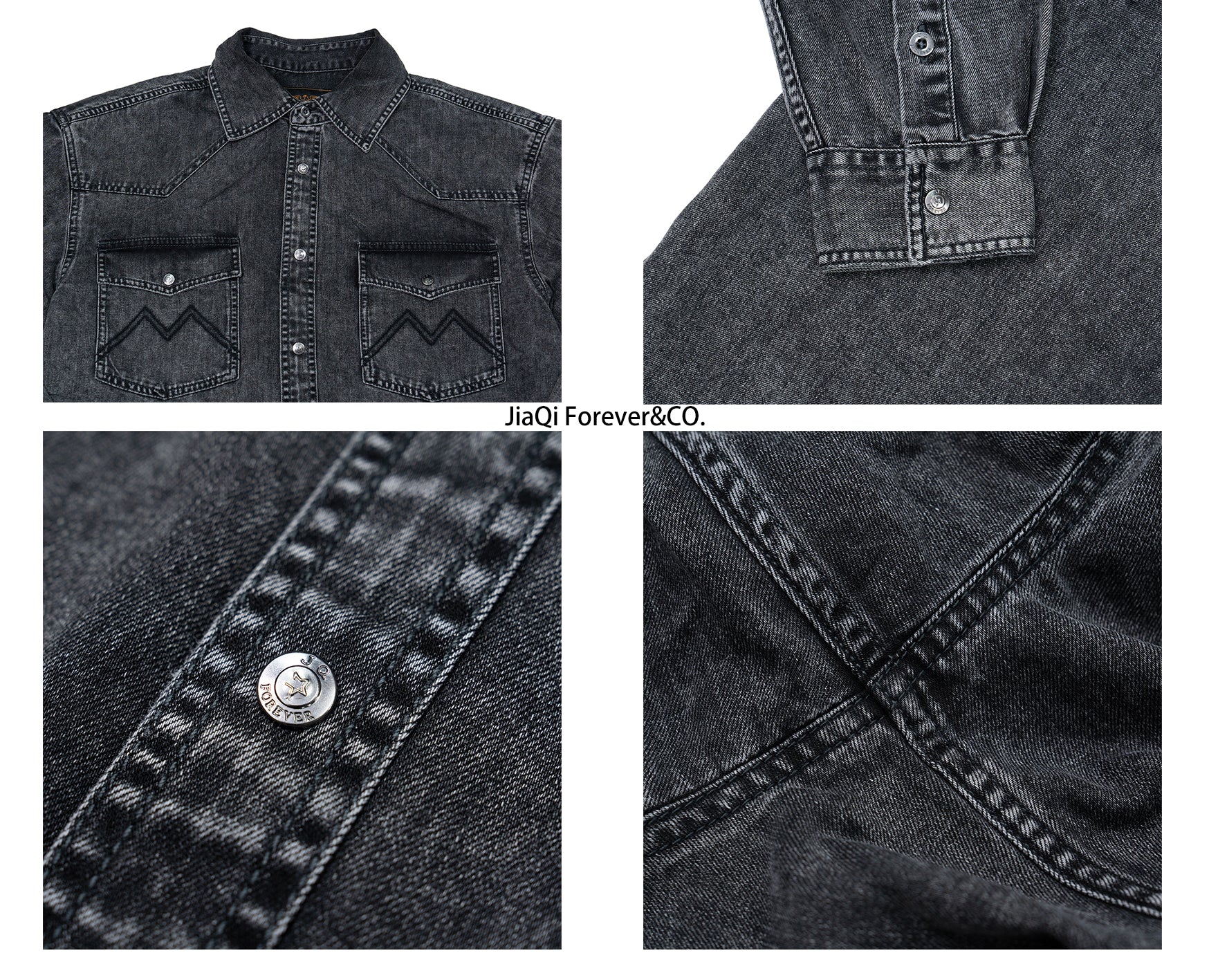 JiaQi Forever 8oz Vintage - Style Snowflake Washed Distressed Denim Shirt