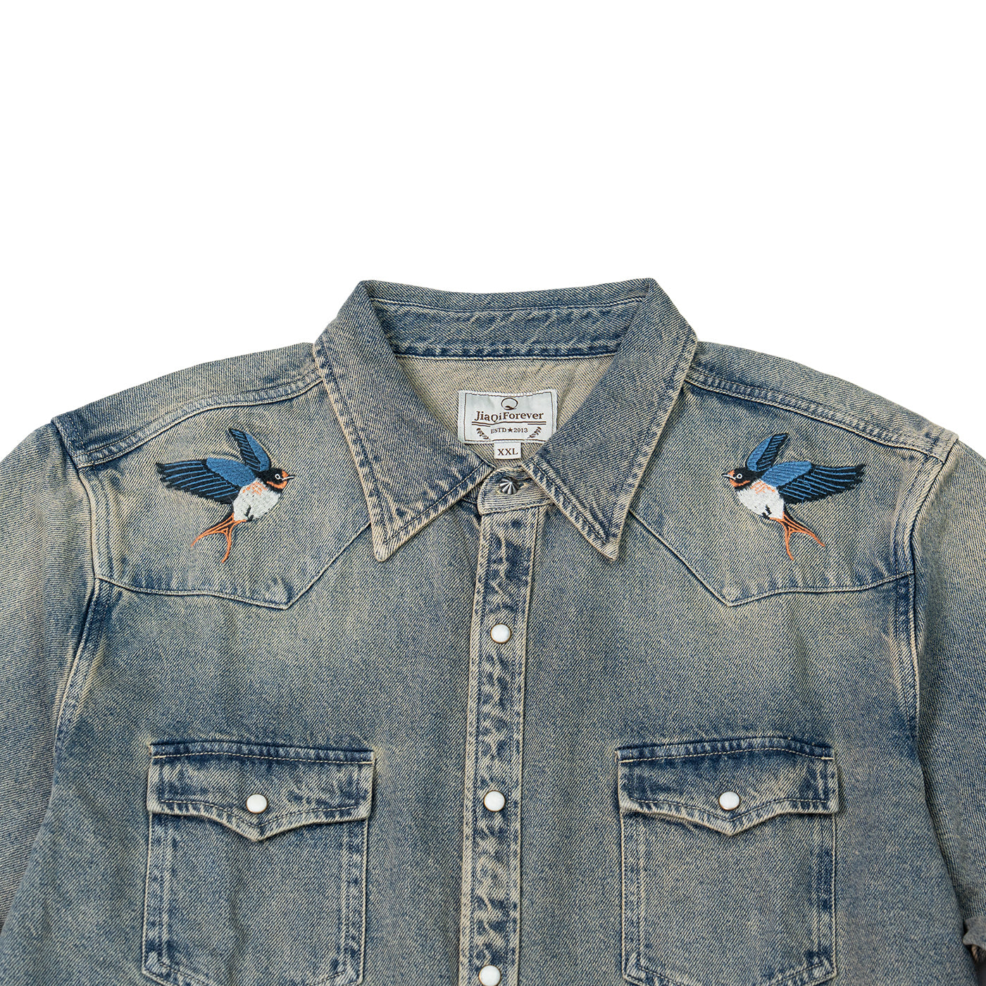 JiaQi Forever Premium Embroidery Vintage Heavy Washed Denim Shirt