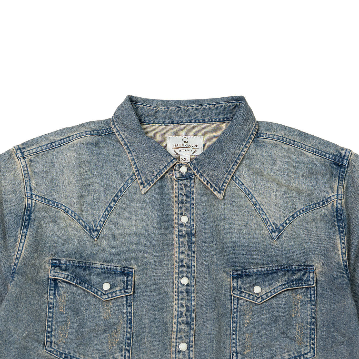 JiaQi Forever Vintage - Inspired Heavy Washed Denim Shirt with Multiple Distressed Holes