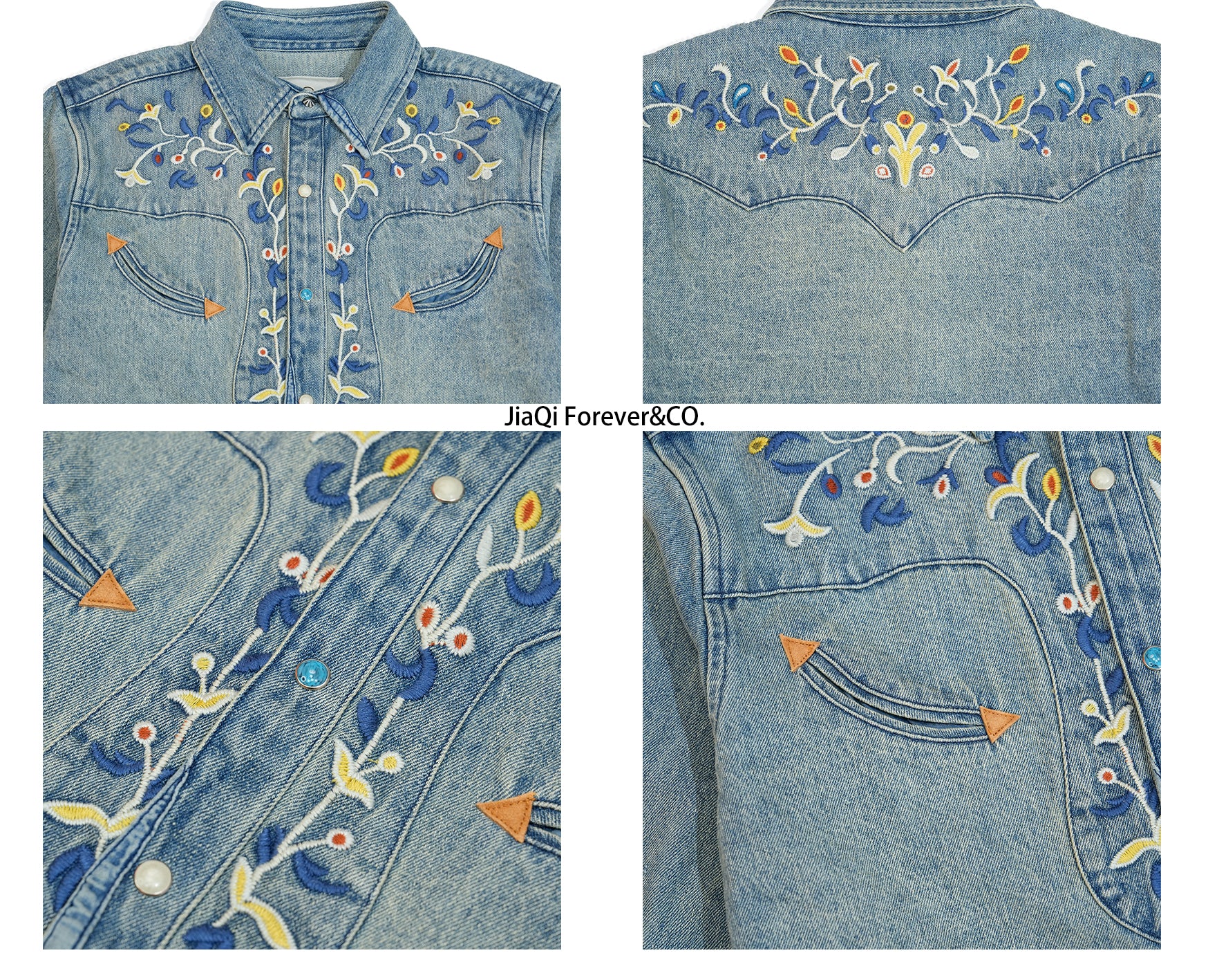 JiaQi Forever 12oz Floral Micro - Stitch Embroidery Heavy Washed Denim Shirt