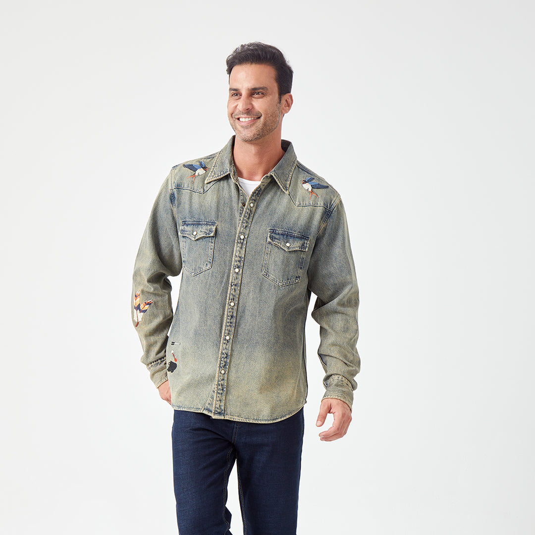 JiaQi Forever Premium Embroidery Vintage Heavy Washed Denim Shirt
