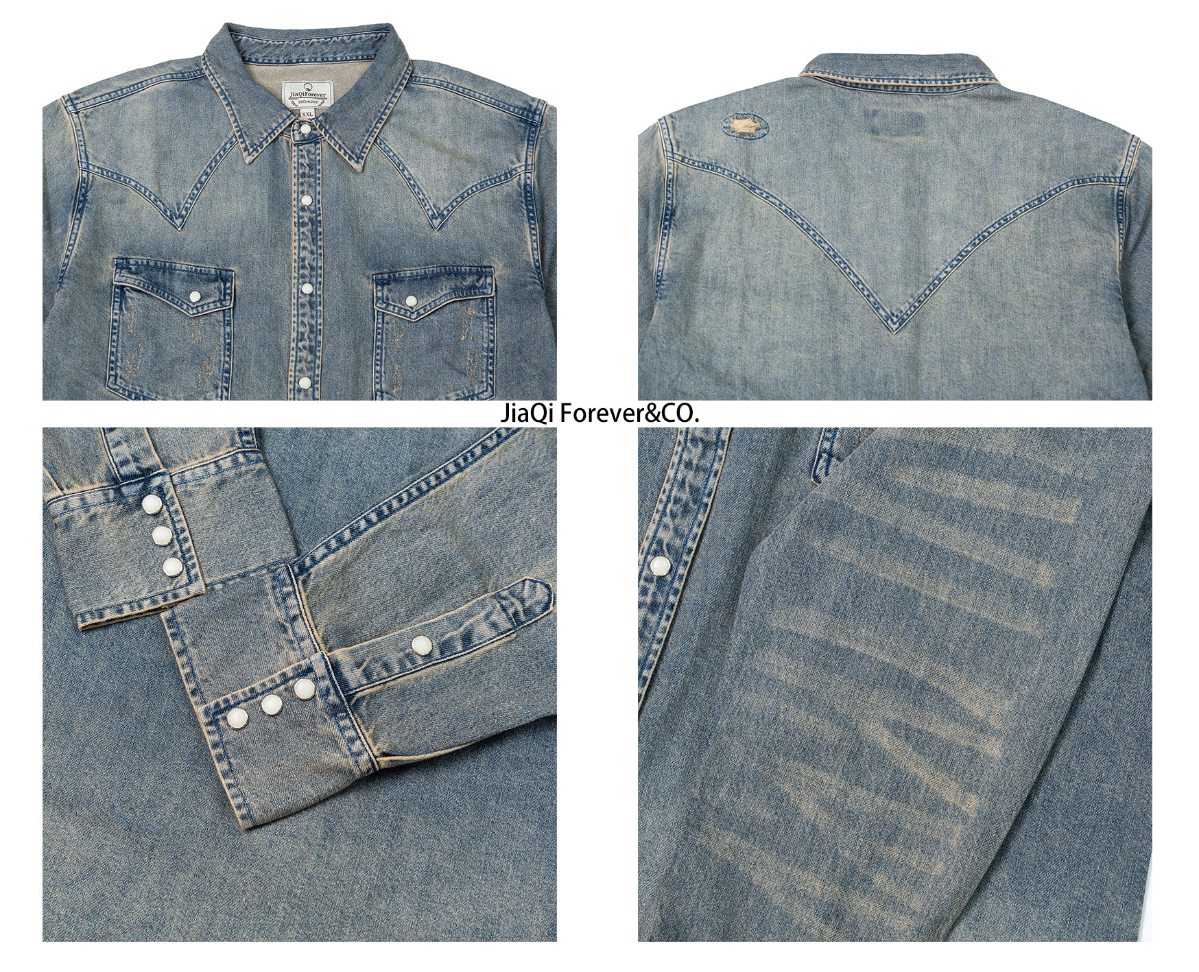 JiaQi Forever Vintage - Inspired Heavy Washed Denim Shirt with Multiple Distressed Holes
