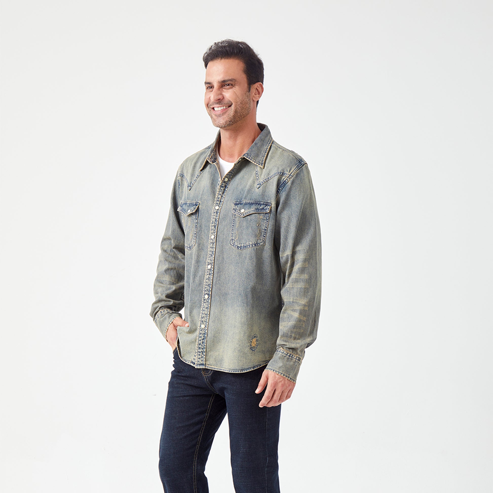 JiaQi Forever Vintage - Inspired Heavy Washed Denim Shirt with Multiple Distressed Holes