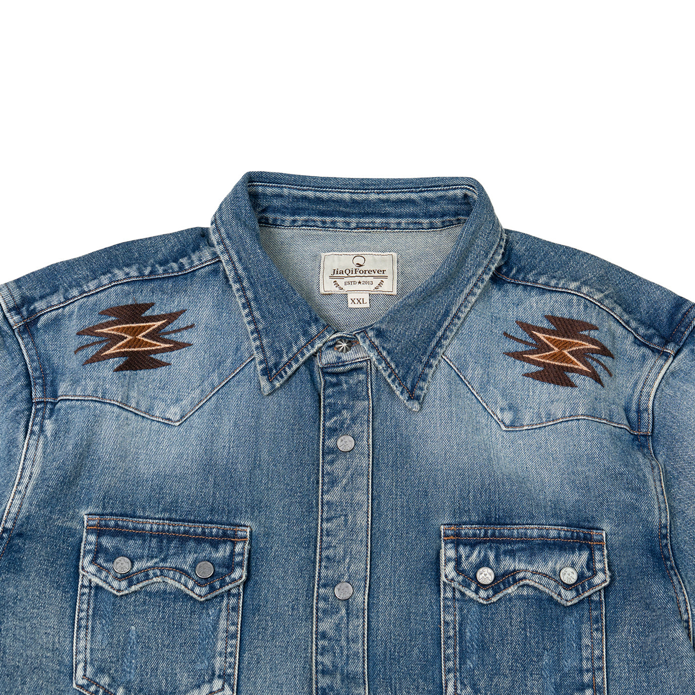 JiaQi Forever Roadrunner Premium Embroidery Distressed Denim Shirt