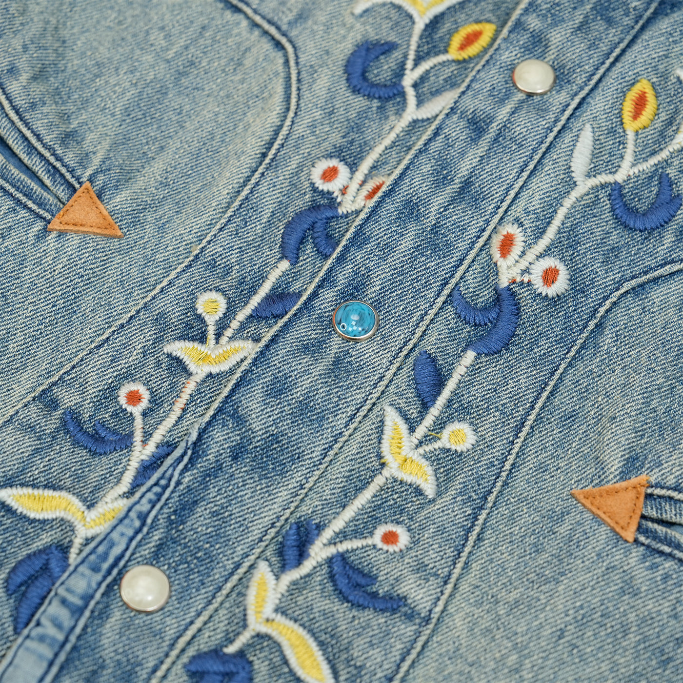 JiaQi Forever 12oz Floral Micro - Stitch Embroidery Heavy Washed Denim Shirt