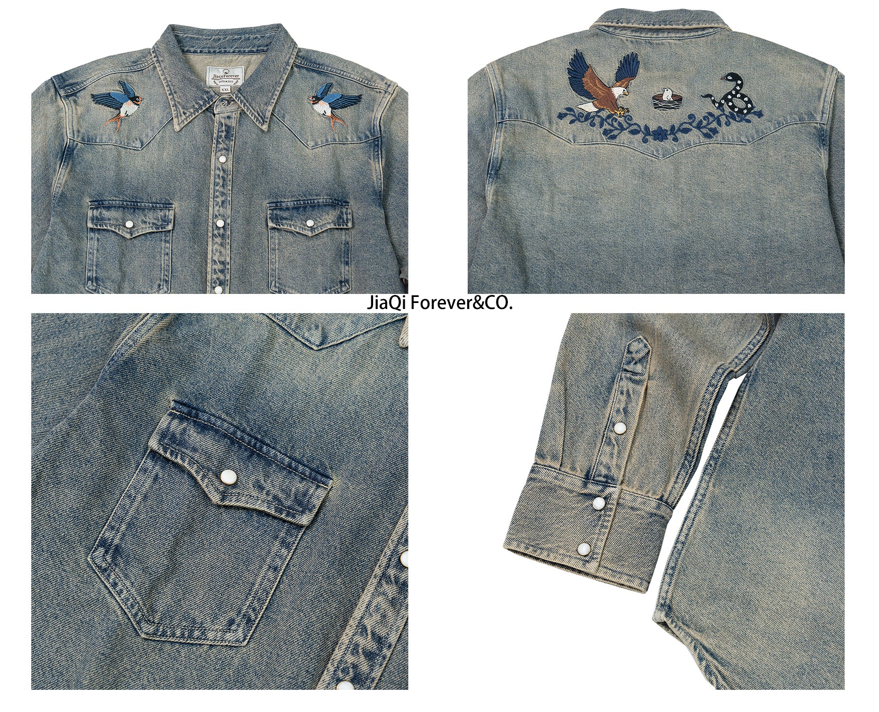 JiaQi Forever Premium Embroidery Vintage Heavy Washed Denim Shirt
