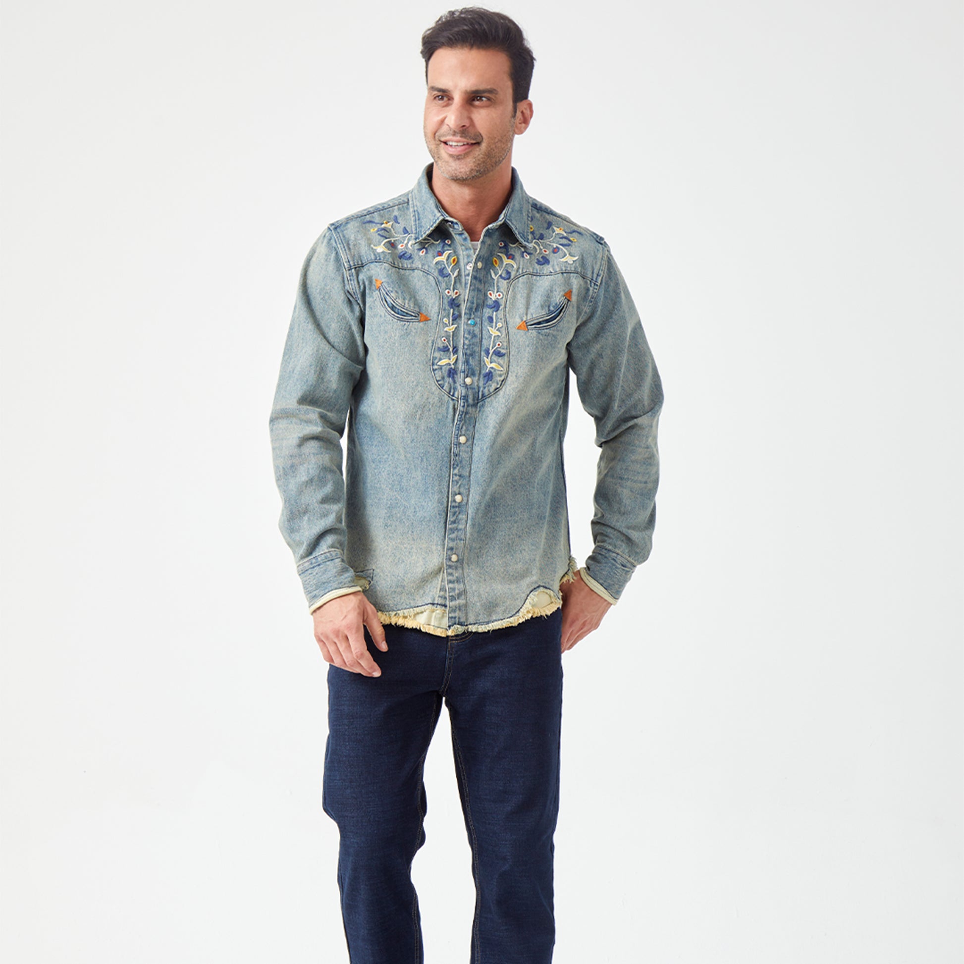 JiaQi Forever 12oz Floral Micro - Stitch Embroidery Heavy Washed Denim Shirt
