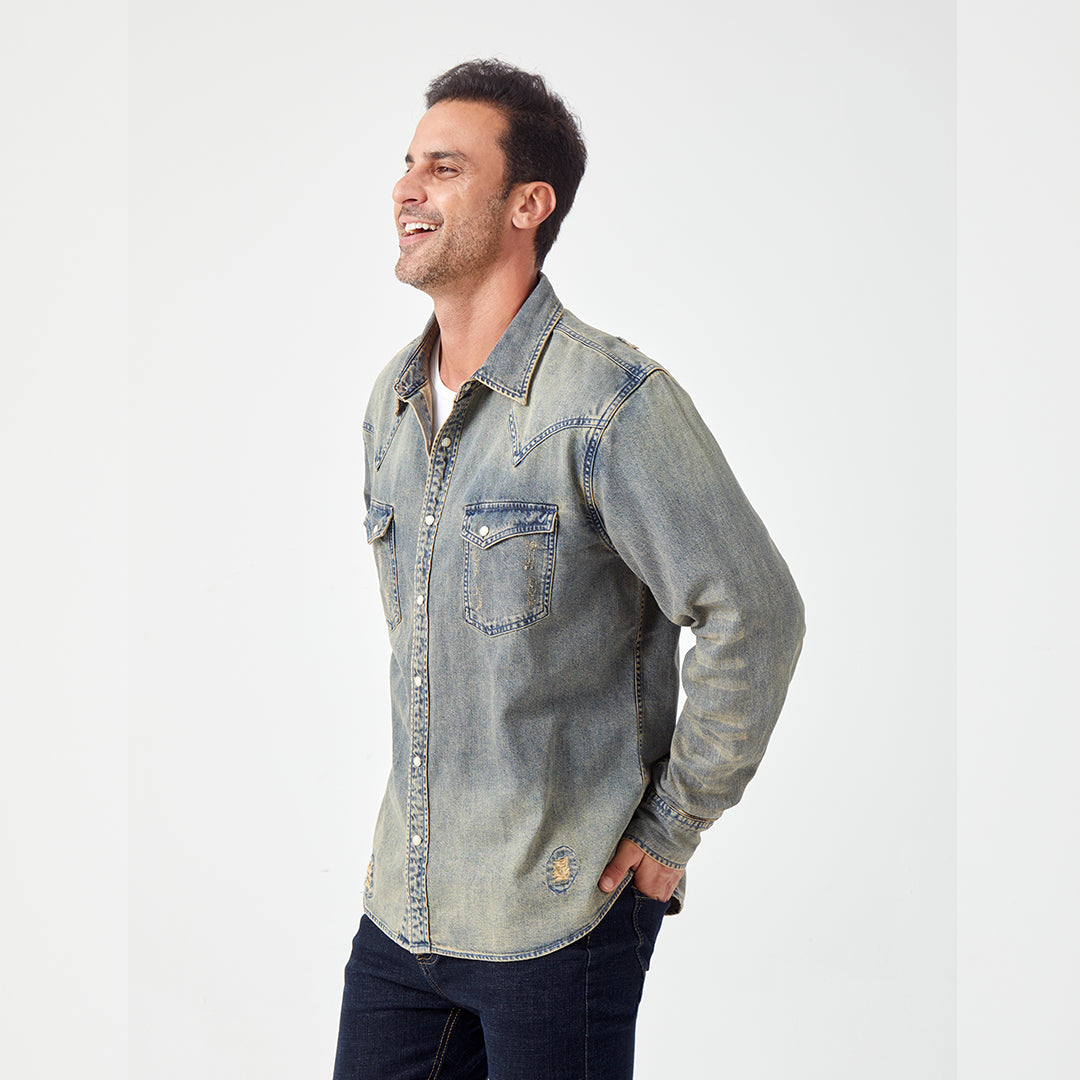 JiaQi Forever Vintage - Inspired Heavy Washed Denim Shirt with Multiple Distressed Holes