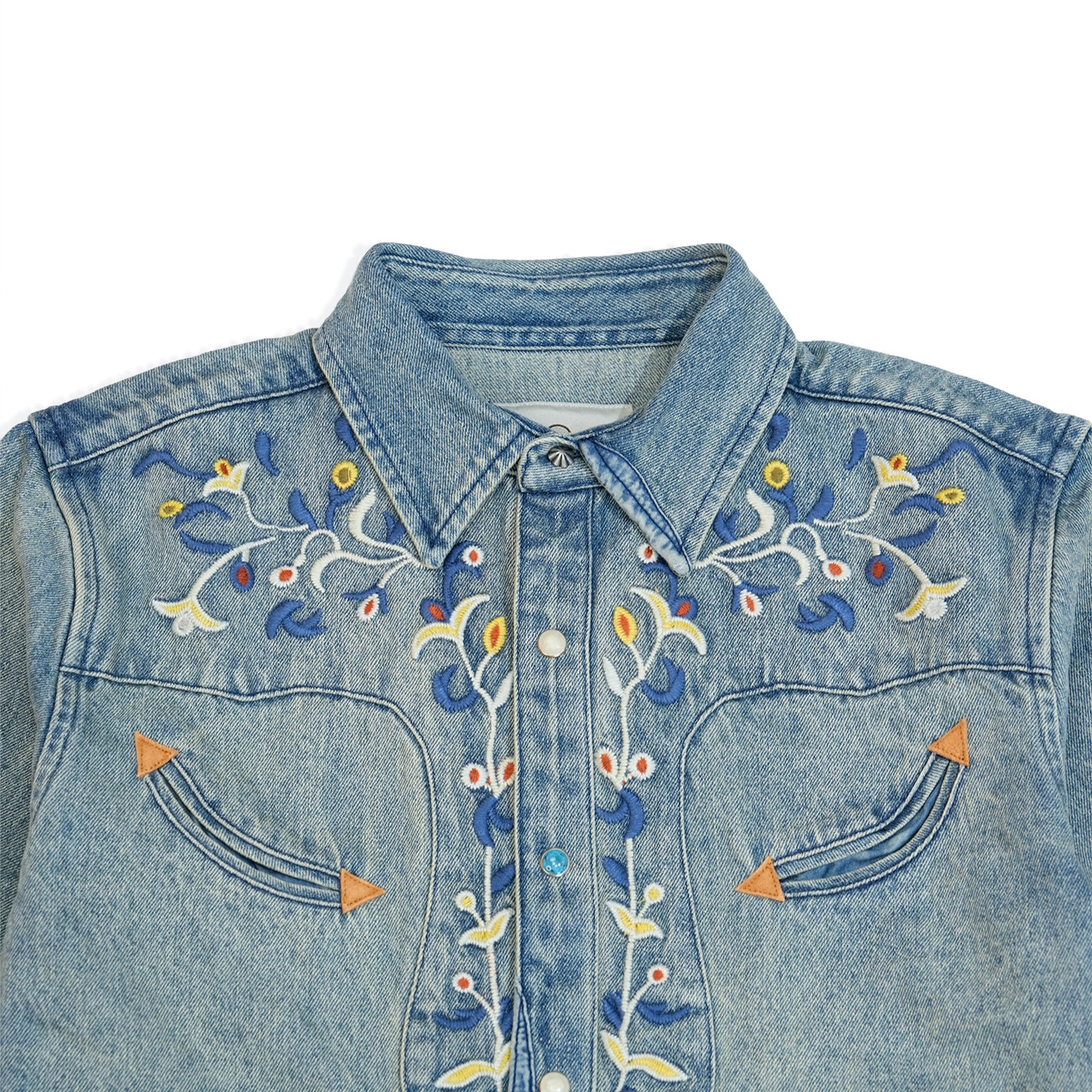 JiaQi Forever 12oz Floral Micro - Stitch Embroidery Heavy Washed Denim Shirt