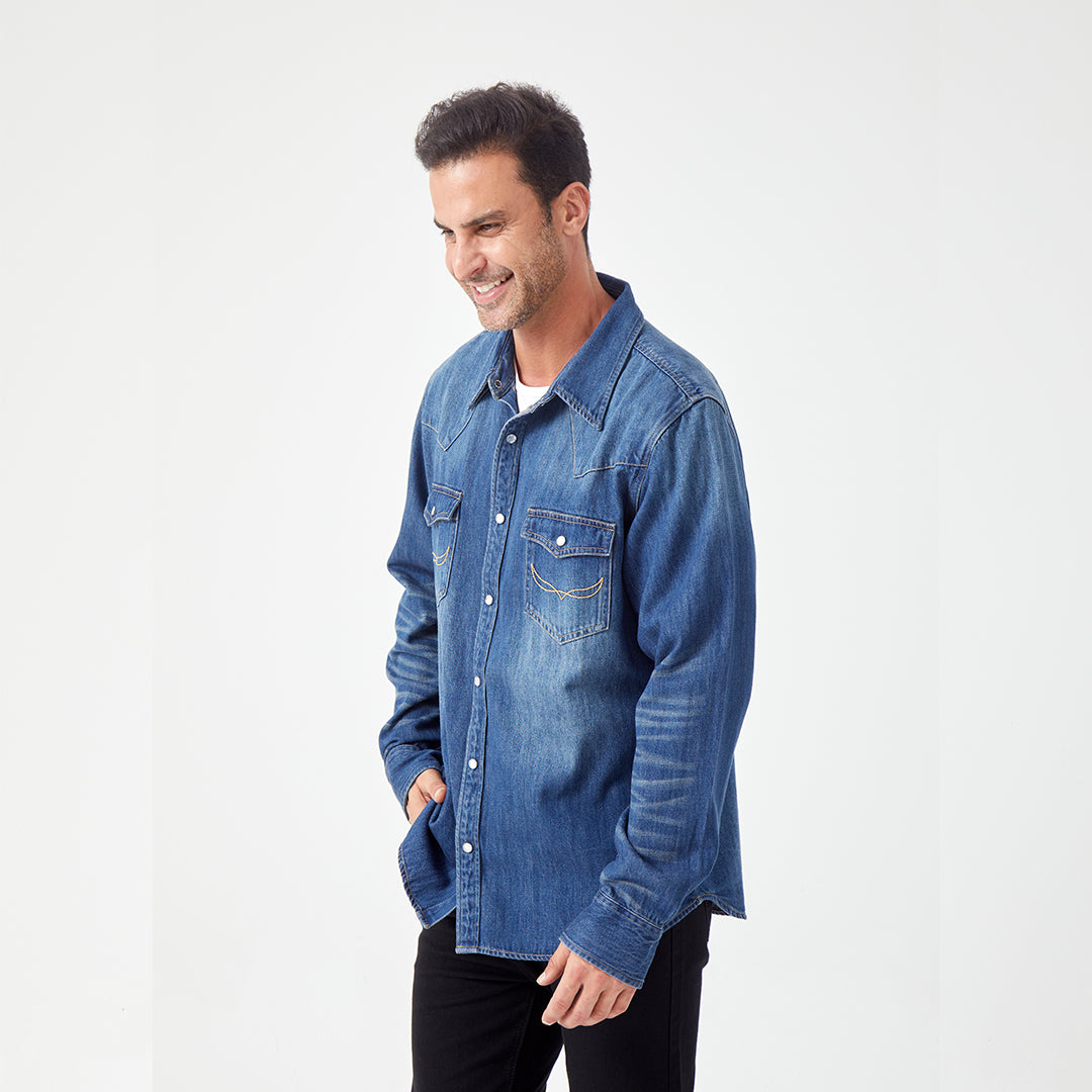 JiaQi Forever 10oz Heavy Washed Hand - Rubbed Cat's Whiskers Denim Shirt