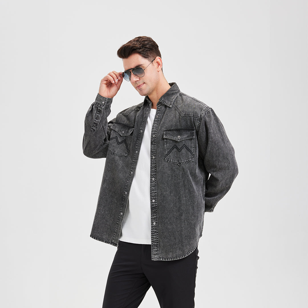 JiaQi Forever 8oz Vintage - Style Snowflake Washed Distressed Denim Shirt