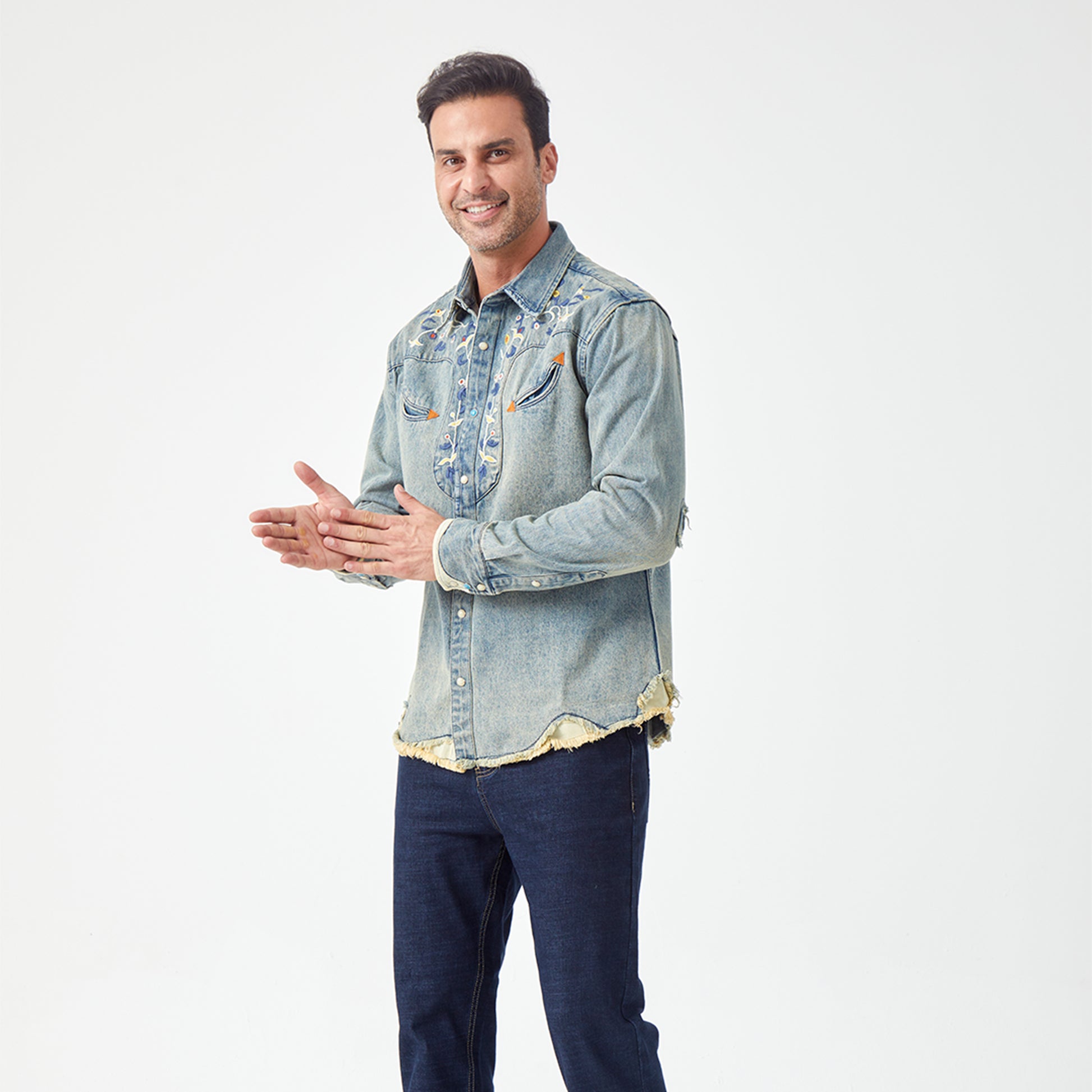 JiaQi Forever 12oz Floral Micro - Stitch Embroidery Heavy Washed Denim Shirt