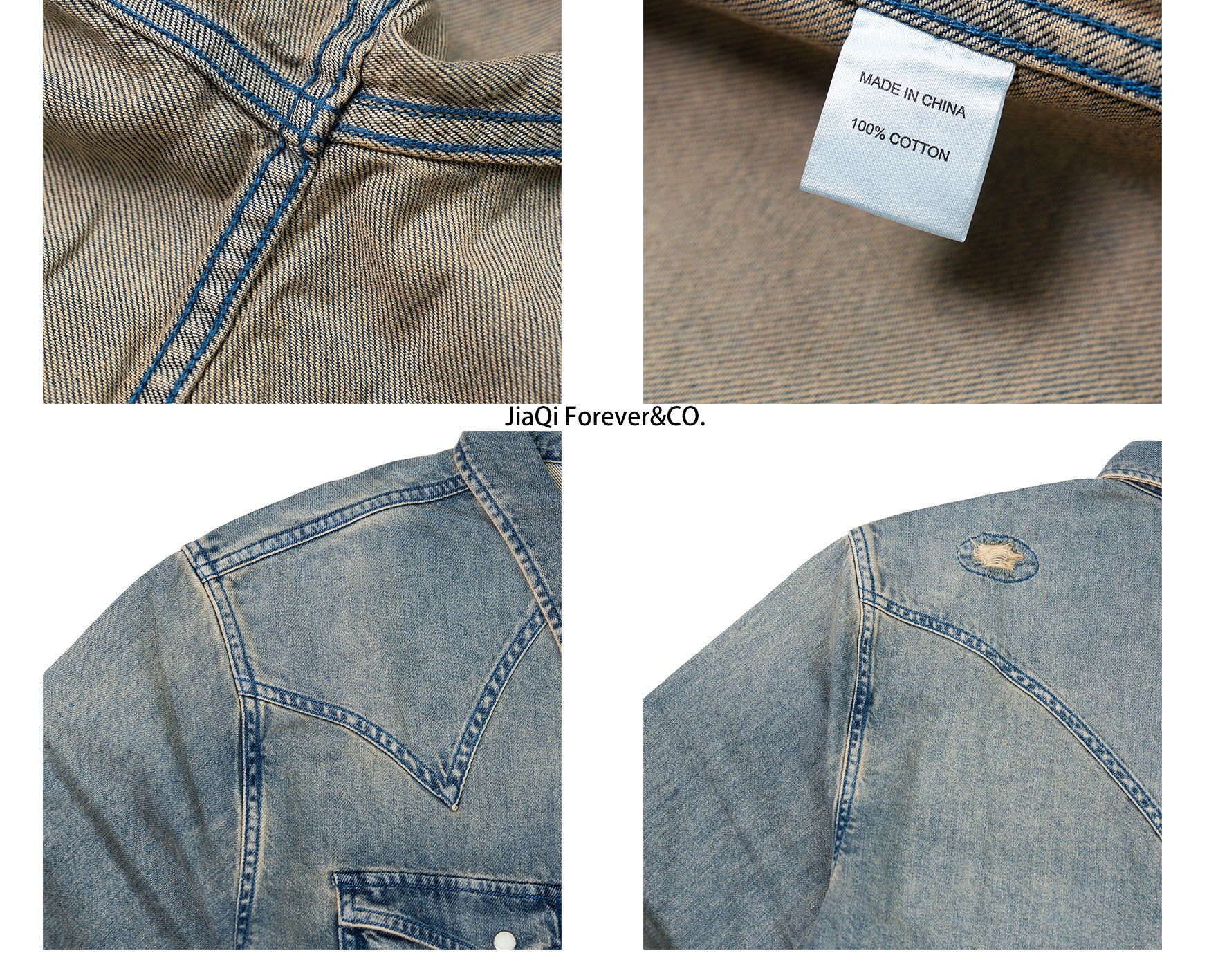 JiaQi Forever Vintage - Inspired Heavy Washed Denim Shirt with Multiple Distressed Holes