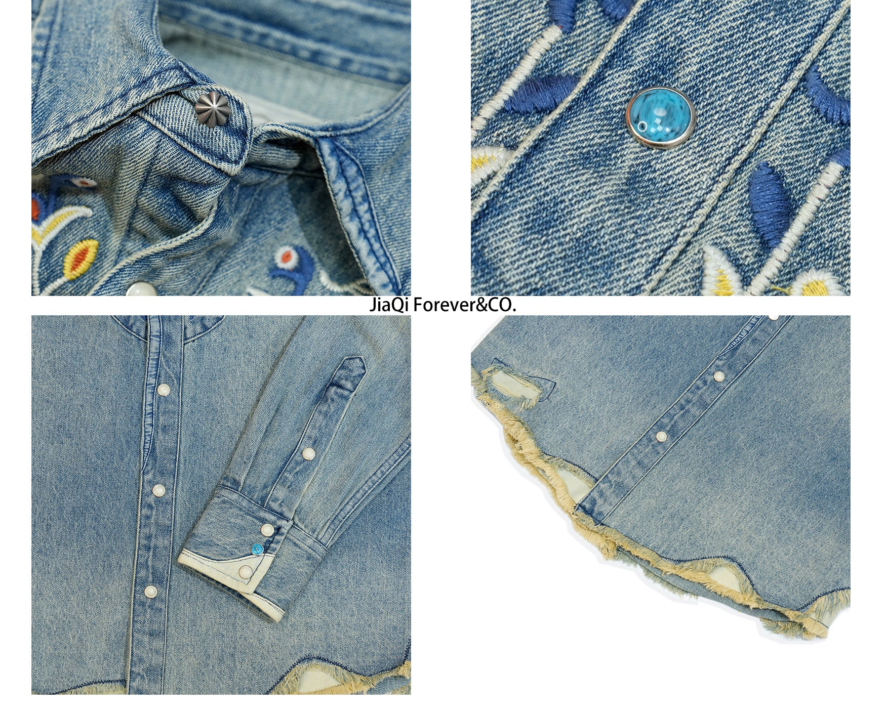 JiaQi Forever 12oz Floral Micro - Stitch Embroidery Heavy Washed Denim Shirt