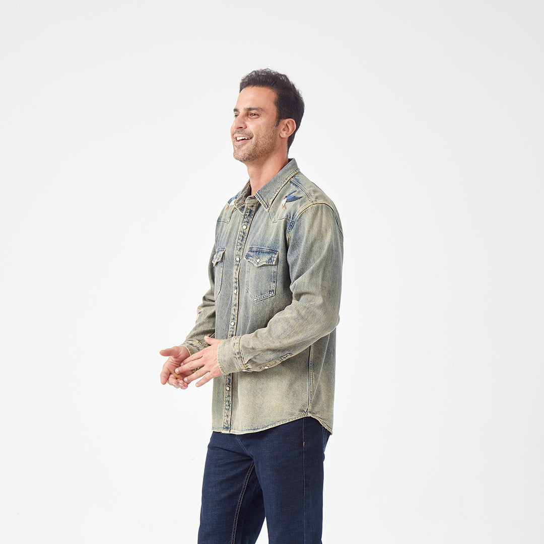 JiaQi Forever Premium Embroidery Vintage Heavy Washed Denim Shirt