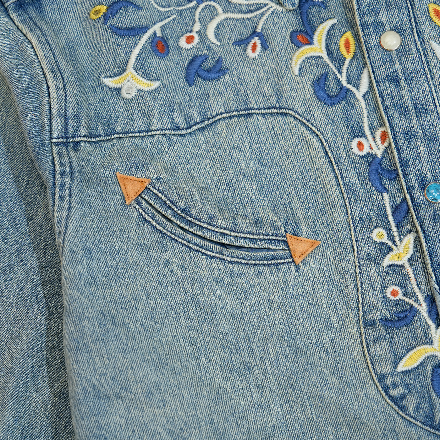 JiaQi Forever 12oz Floral Micro - Stitch Embroidery Heavy Washed Denim Shirt