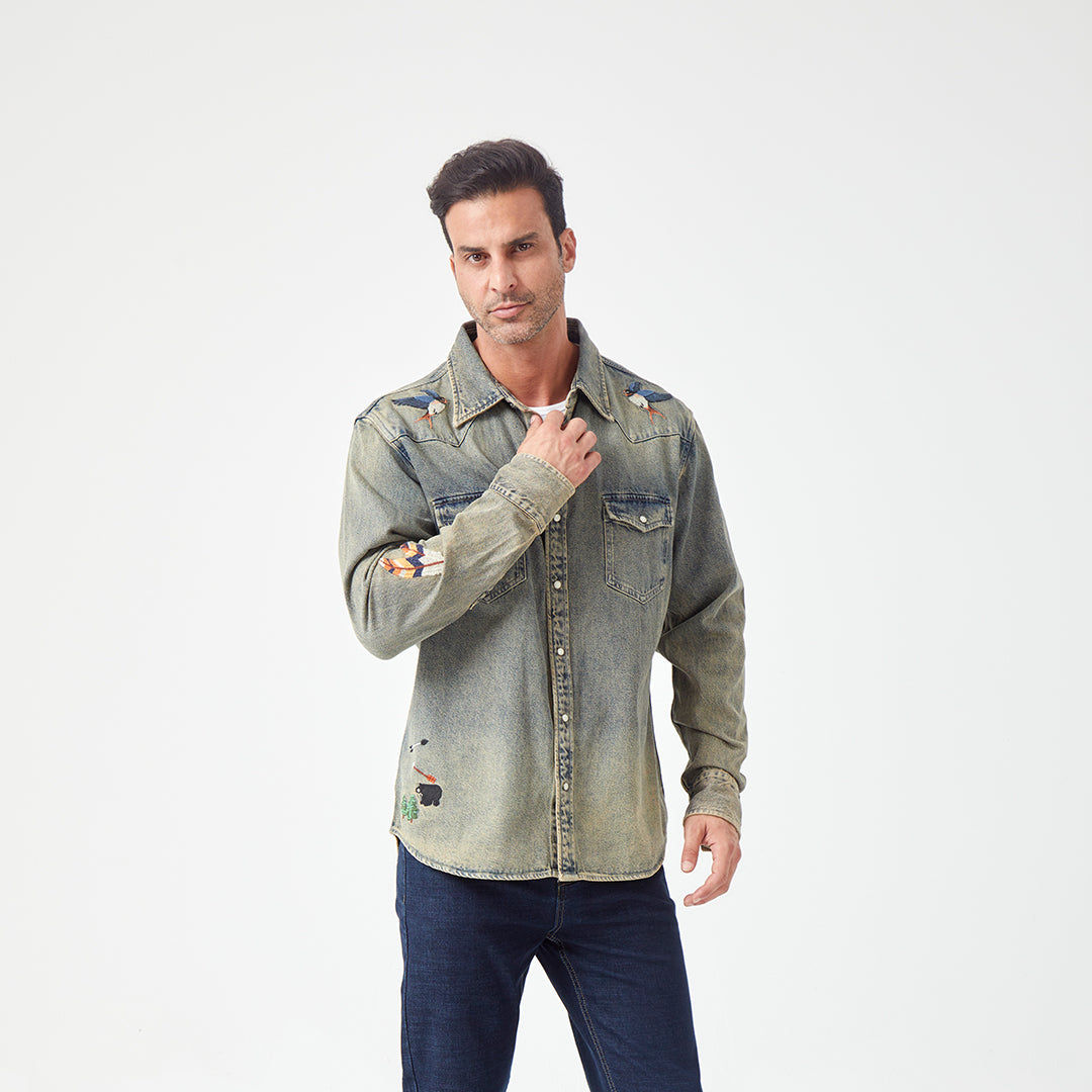 JiaQi Forever Premium Embroidery Vintage Heavy Washed Denim Shirt