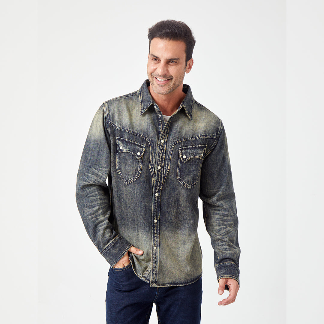 JiaQi Forever 12oz High - Density Slubbed Denim Shirt with Heavy Wash