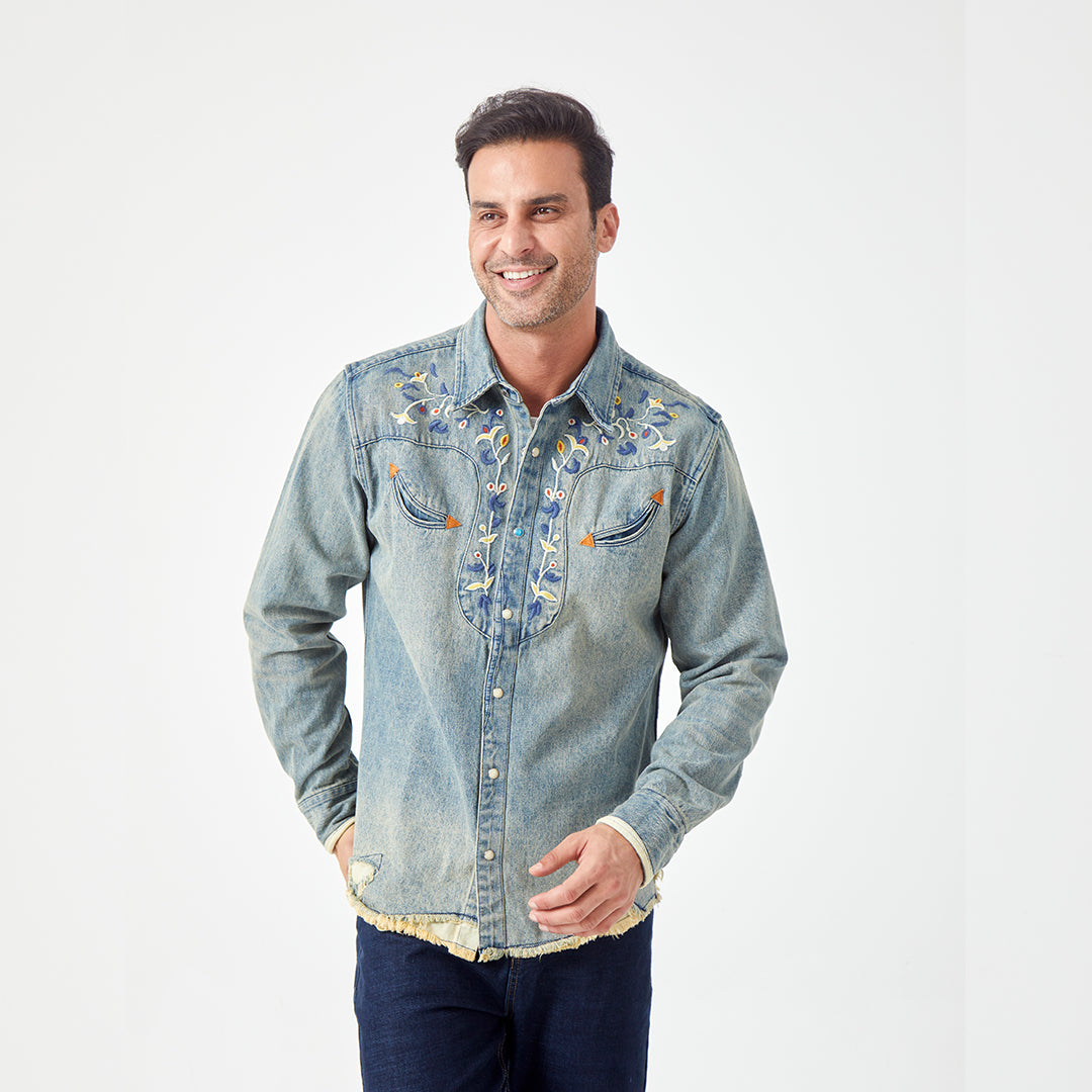 JiaQi Forever 12oz Floral Micro - Stitch Embroidery Heavy Washed Denim Shirt