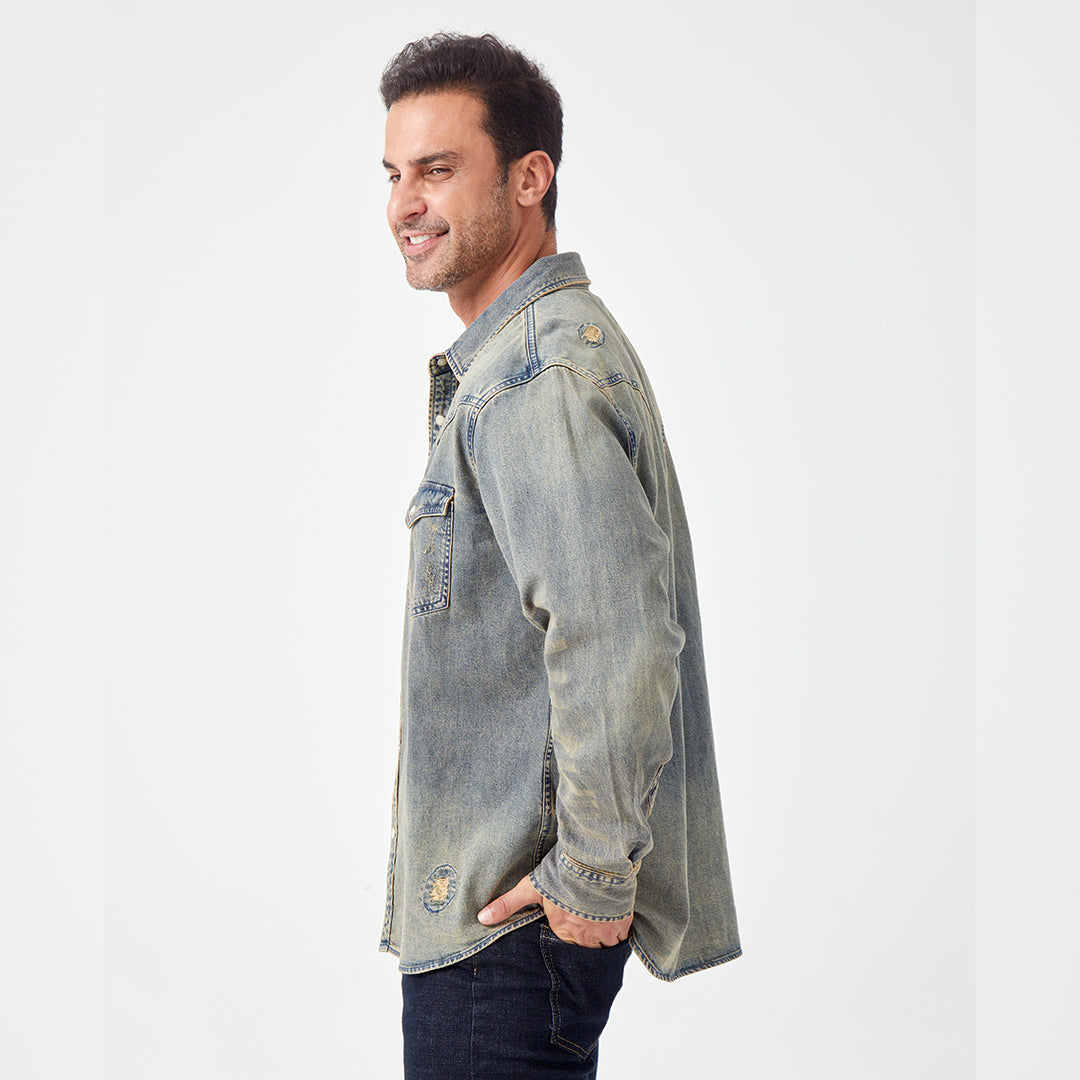 JiaQi Forever Vintage - Inspired Heavy Washed Denim Shirt with Multiple Distressed Holes