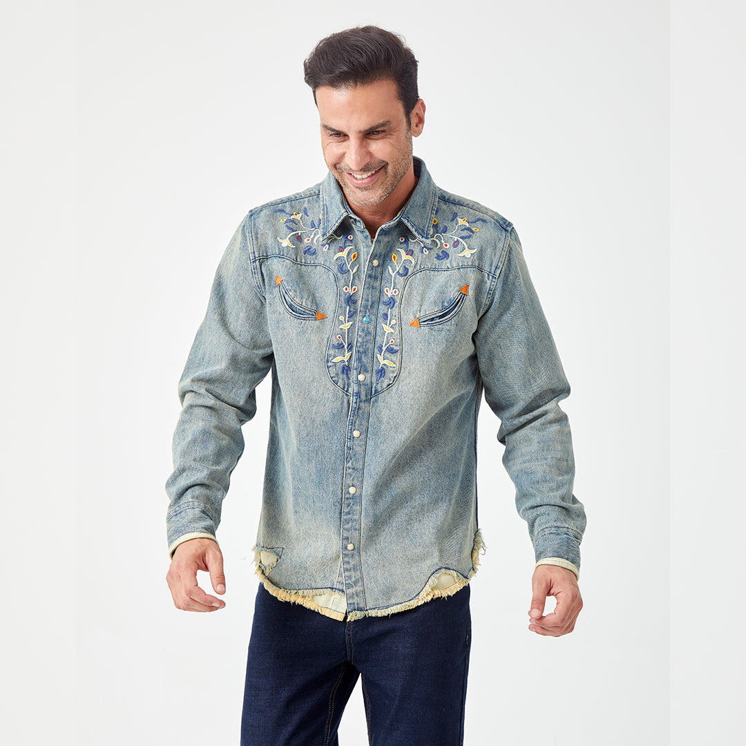 JiaQi Forever 12oz Floral Micro - Stitch Embroidery Heavy Washed Denim Shirt