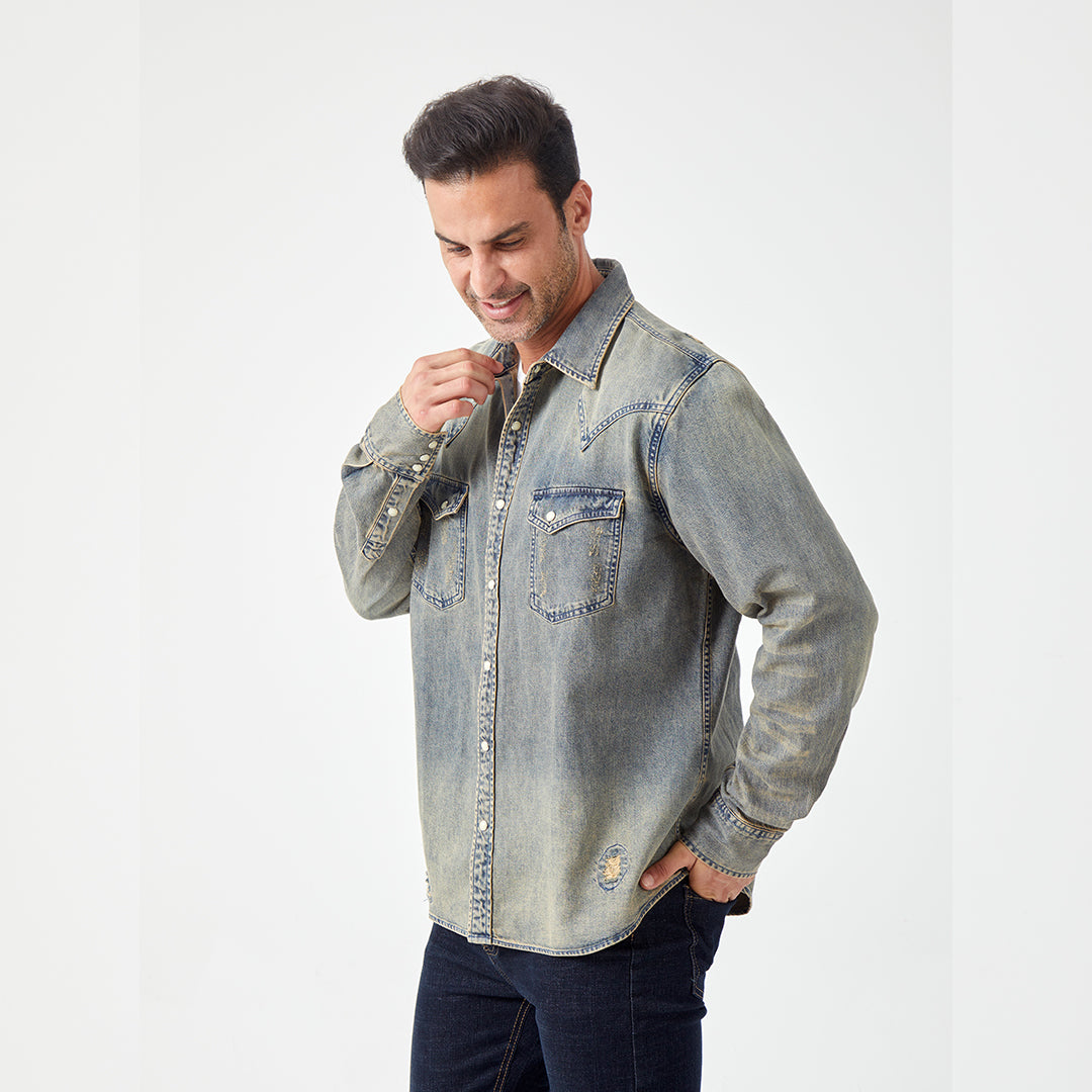 JiaQi Forever Vintage - Inspired Heavy Washed Denim Shirt with Multiple Distressed Holes