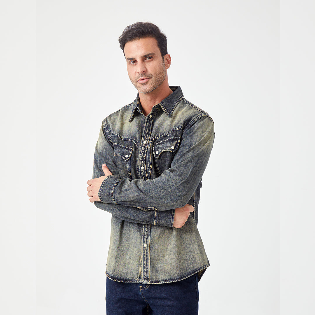 JiaQi Forever 12oz High - Density Slubbed Denim Shirt with Heavy Wash
