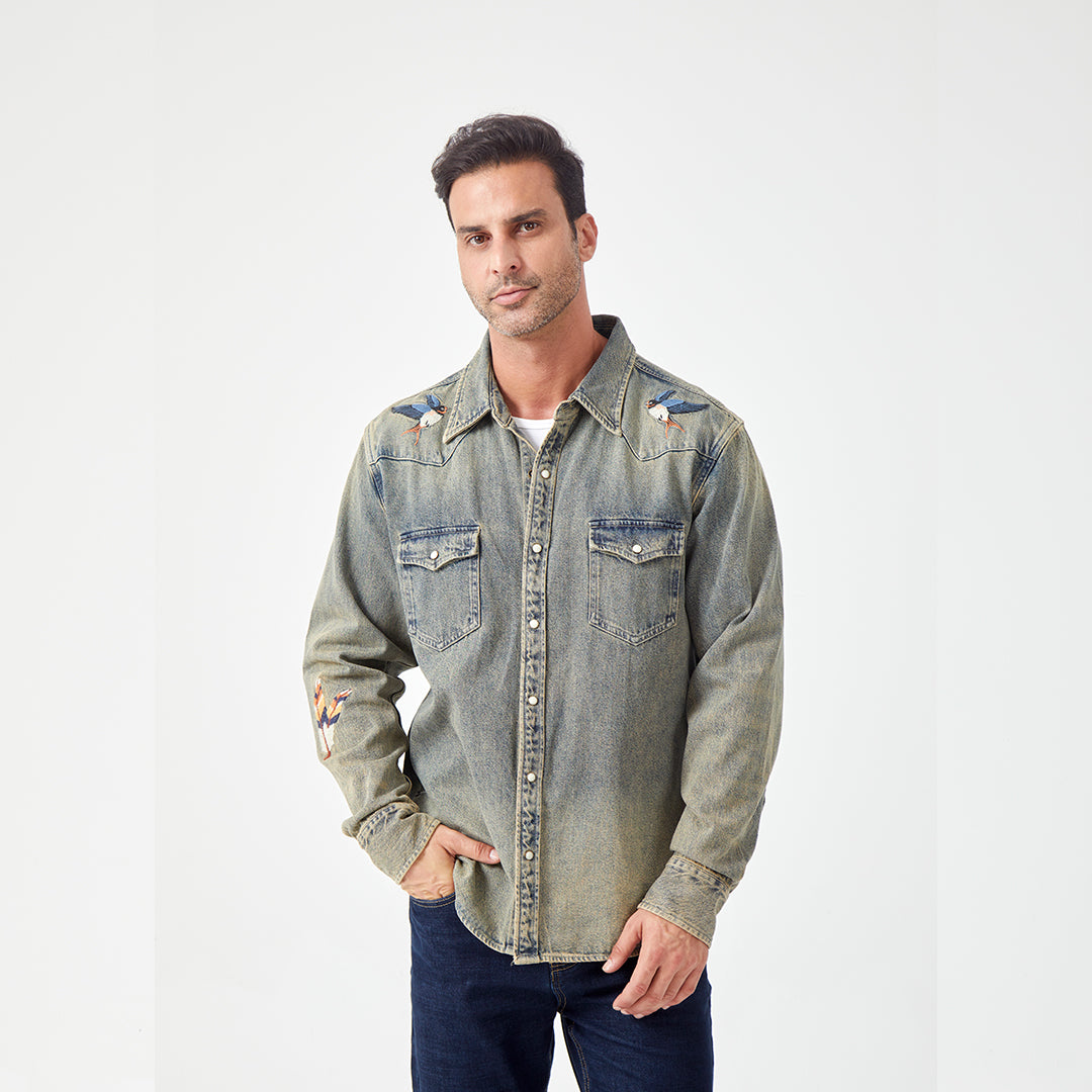 JiaQi Forever Premium Embroidery Vintage Heavy Washed Denim Shirt