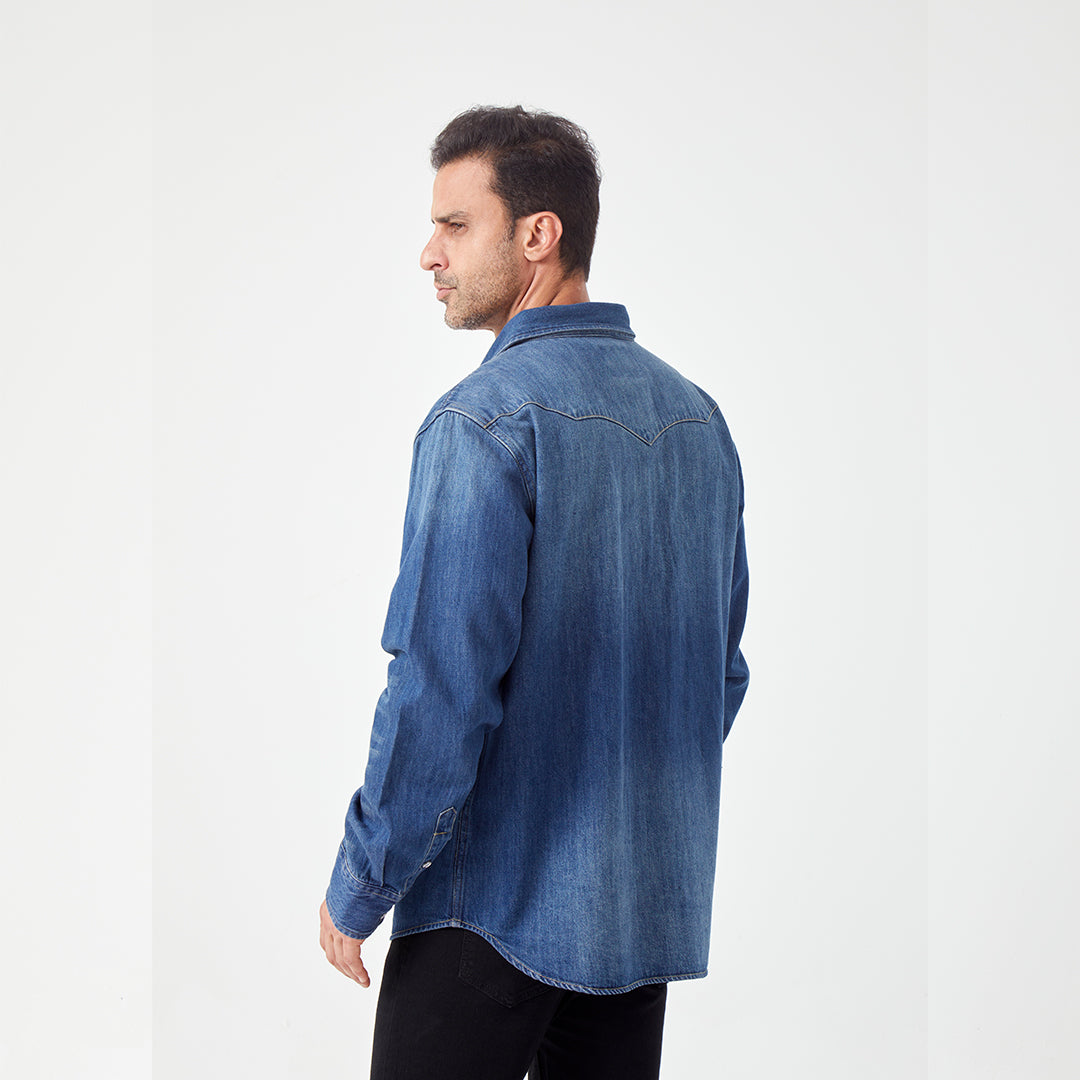 JiaQi Forever 10oz Heavy Washed Hand - Rubbed Cat's Whiskers Denim Shirt
