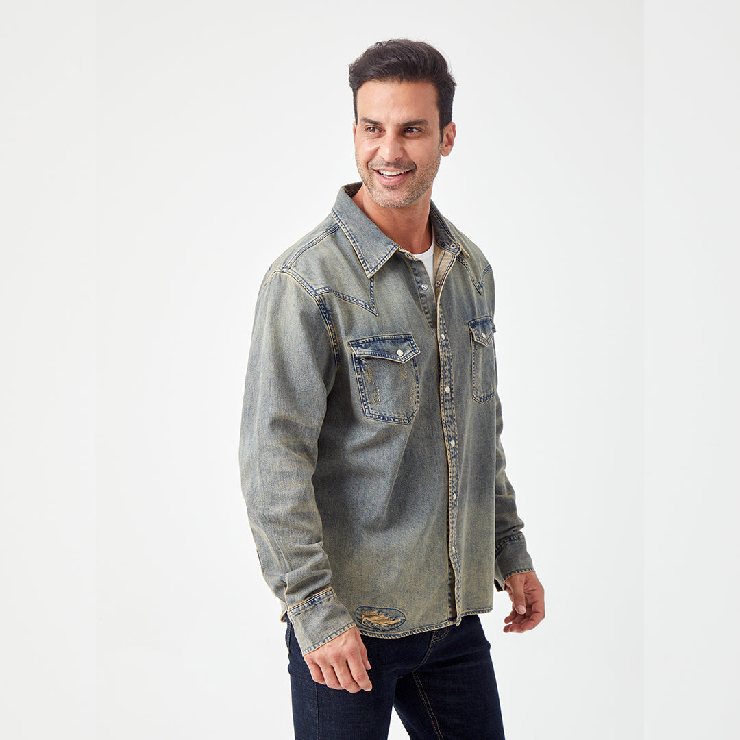 JiaQi Forever Vintage - Inspired Heavy Washed Denim Shirt with Multiple Distressed Holes