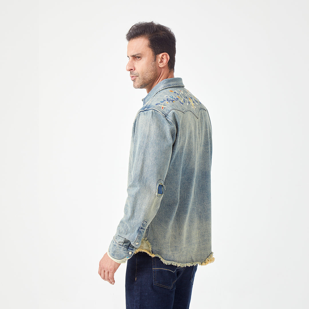 JiaQi Forever 12oz Floral Micro - Stitch Embroidery Heavy Washed Denim Shirt