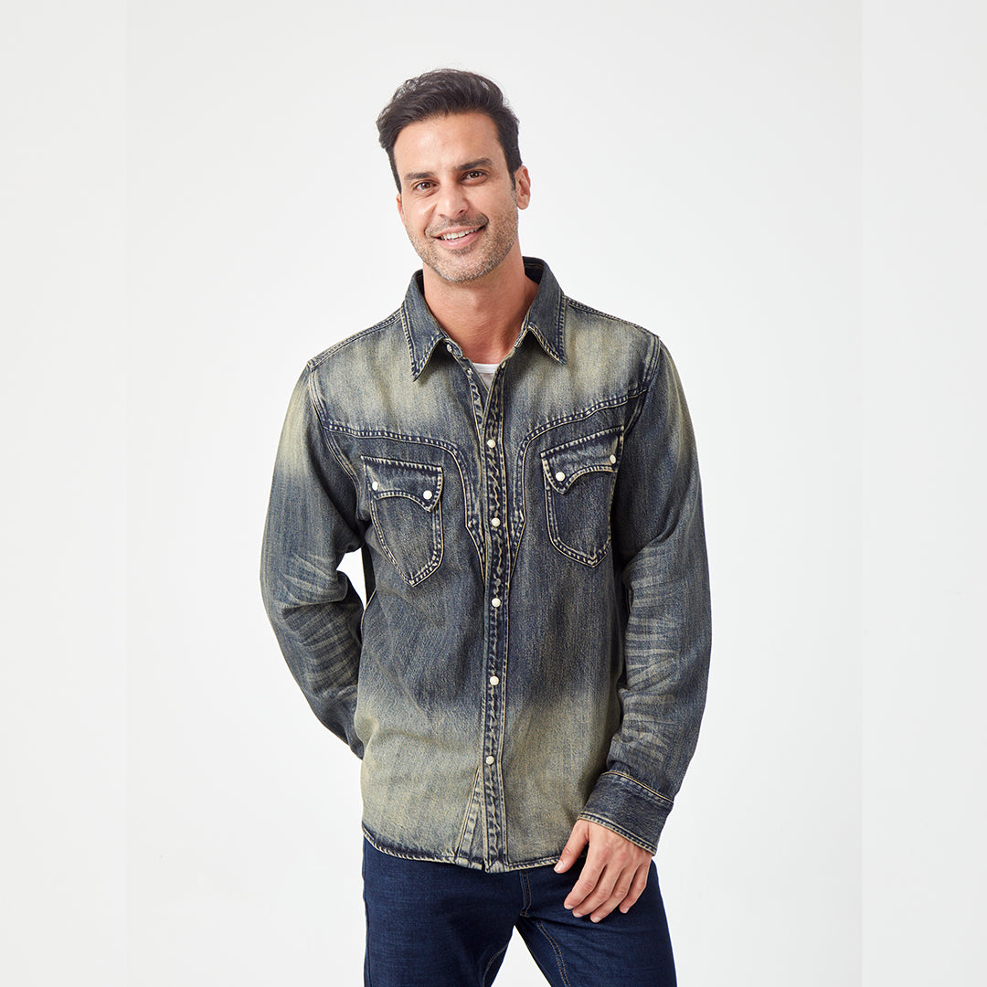 JiaQi Forever 12oz High - Density Slubbed Denim Shirt with Heavy Wash