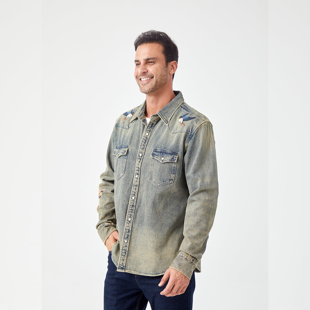 JiaQi Forever Premium Embroidery Vintage Heavy Washed Denim Shirt