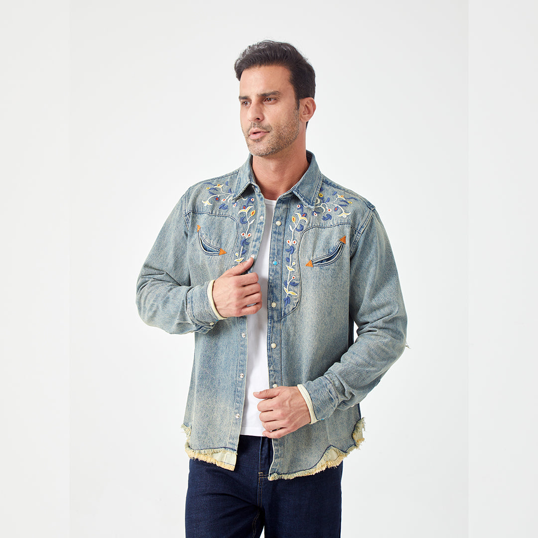 JiaQi Forever 12oz Floral Micro - Stitch Embroidery Heavy Washed Denim Shirt