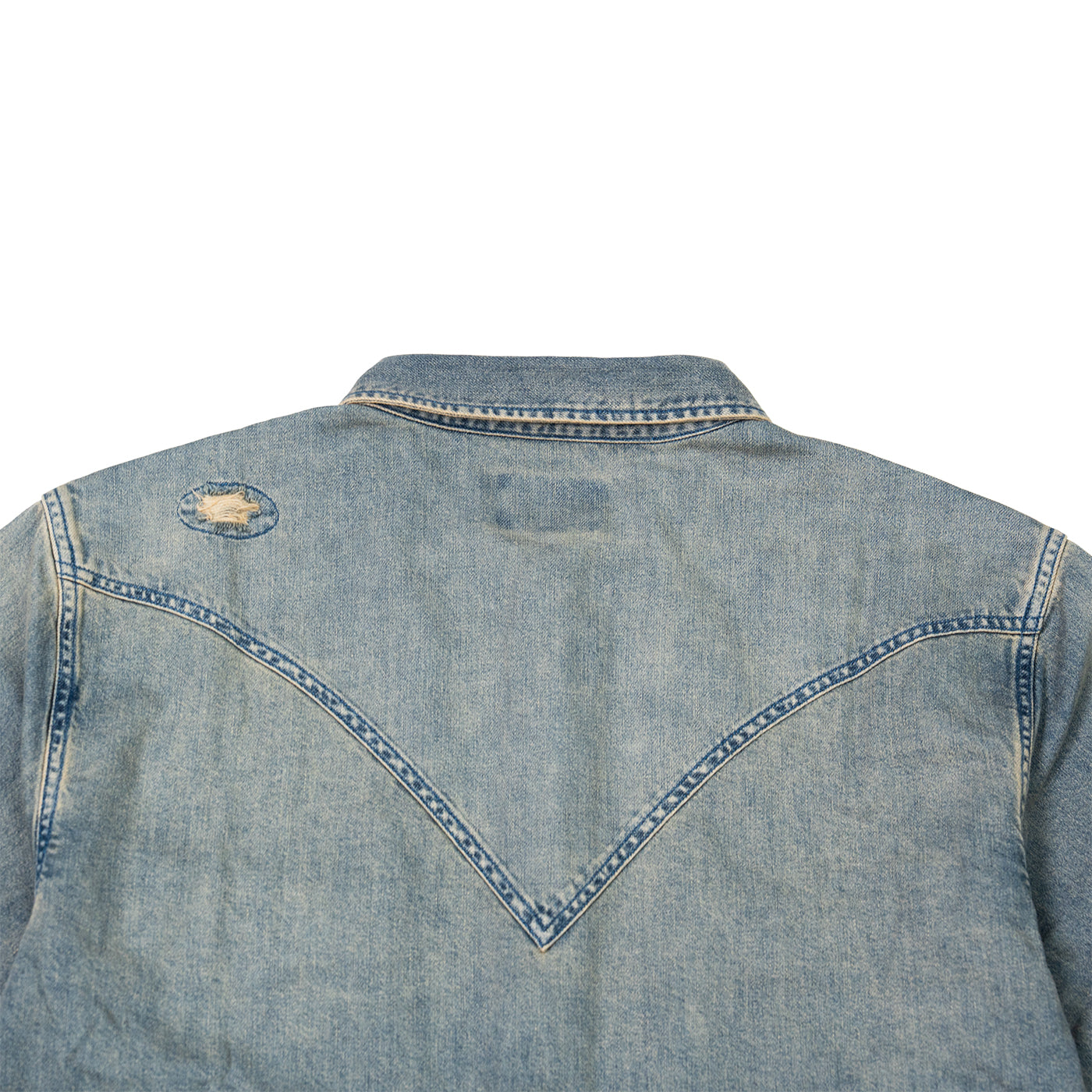 JiaQi Forever Vintage - Inspired Heavy Washed Denim Shirt with Multiple Distressed Holes