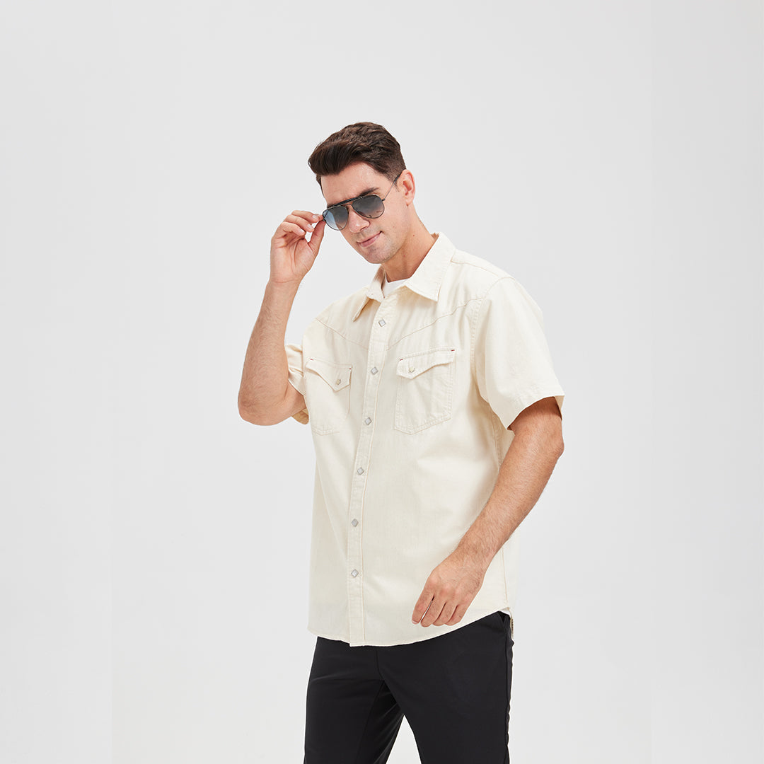 JiaQi Forever Premium Embroidery Raw Cotton Denim Short-Sleeve Shirt